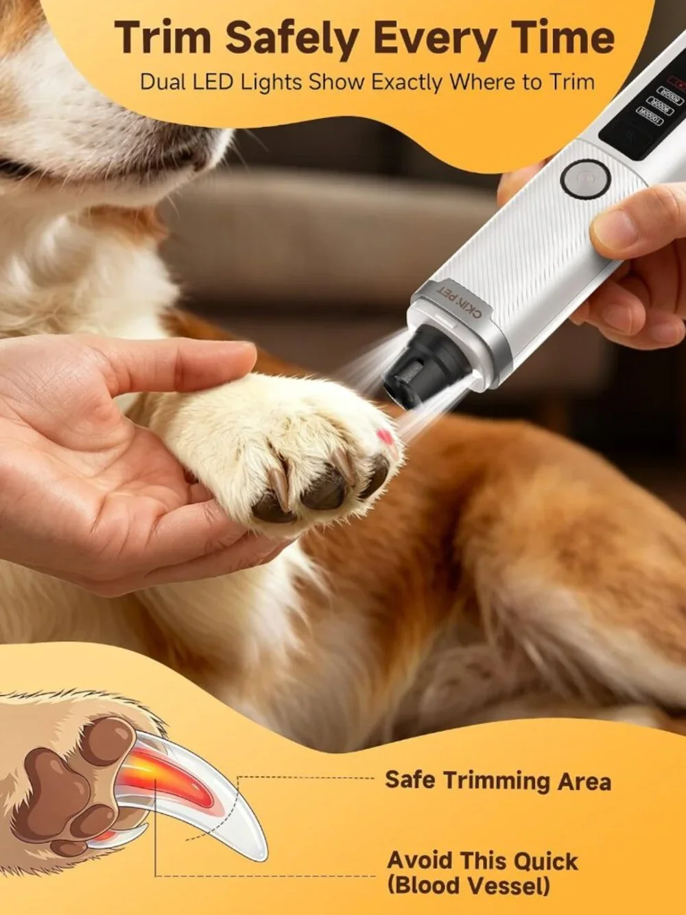 Quiet Electric Dog Nail Grinder with LED Lights, 3-Speed Rechargeable Pet